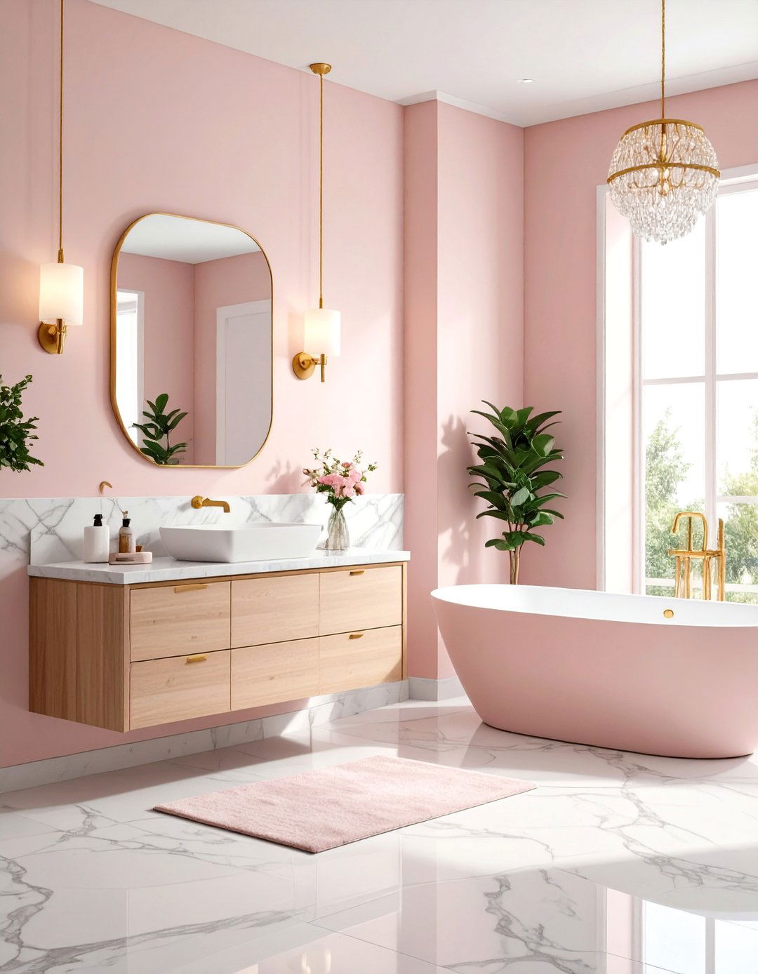 Blush Pink Bathroom with Marble Details - 24 Bathroom Color Ideas