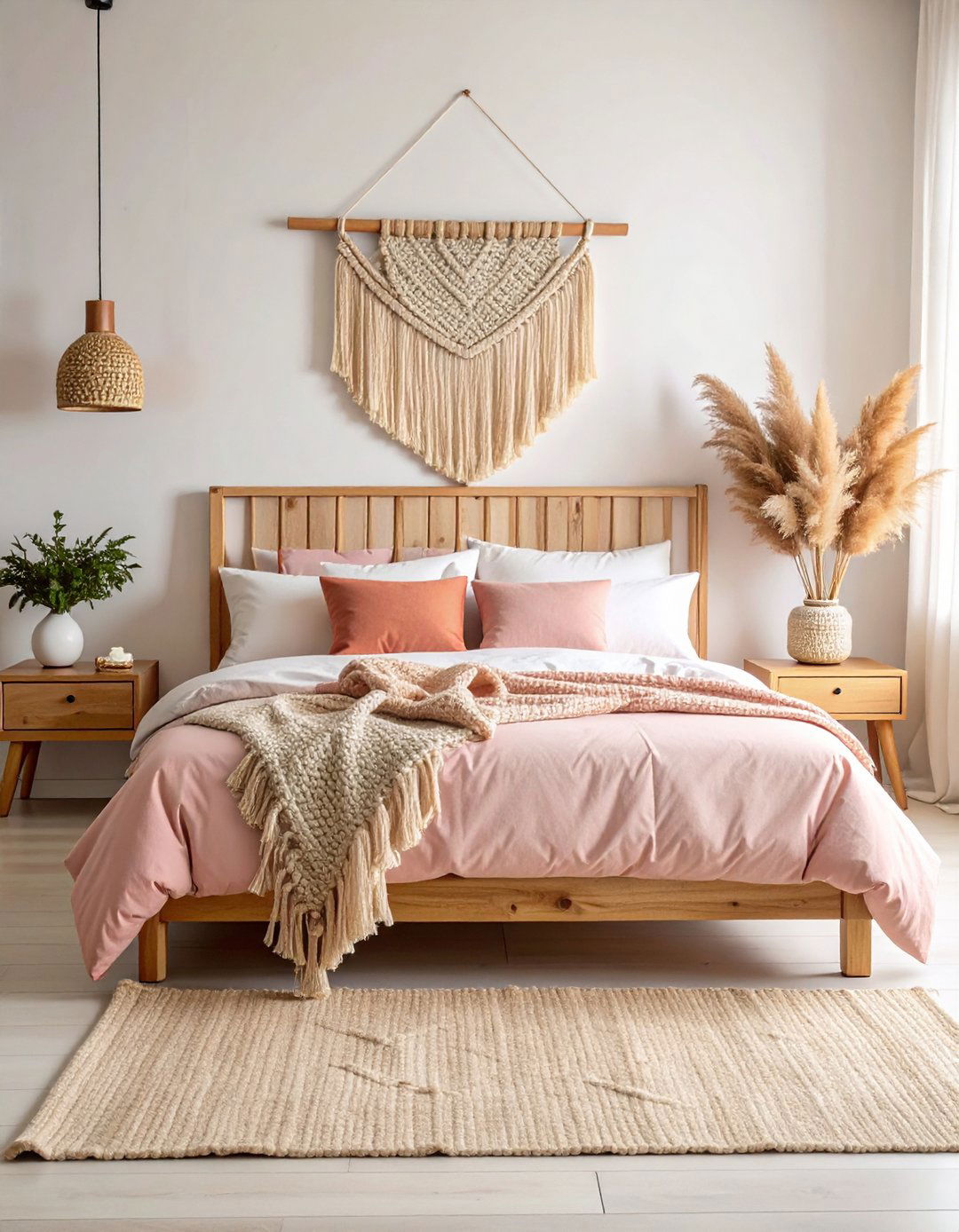 Blush Pink Macrame Headboard Display - 24 Pink Boho Bedroom Ideas