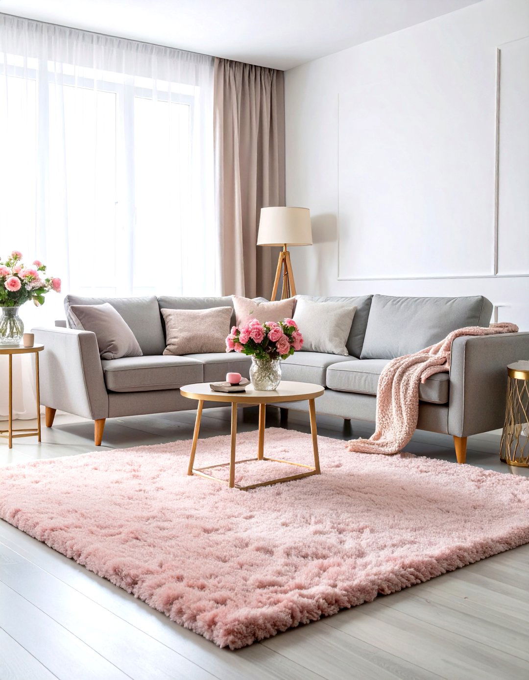 Blush Pink Rug Elegant Living Room - 24 what color rug goes with a grey couch