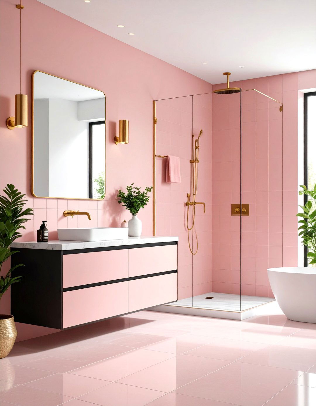 Blush Pink Subway Tiles with Matte Black Fixtures - 24 Pink and Black Bathroom Ideas