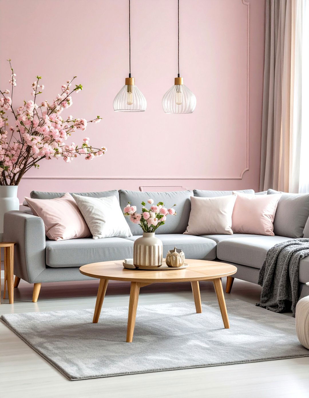 Blush Pink Walls with Charcoal Grey Sectional - 24 Pink and Grey Living Room Ideas