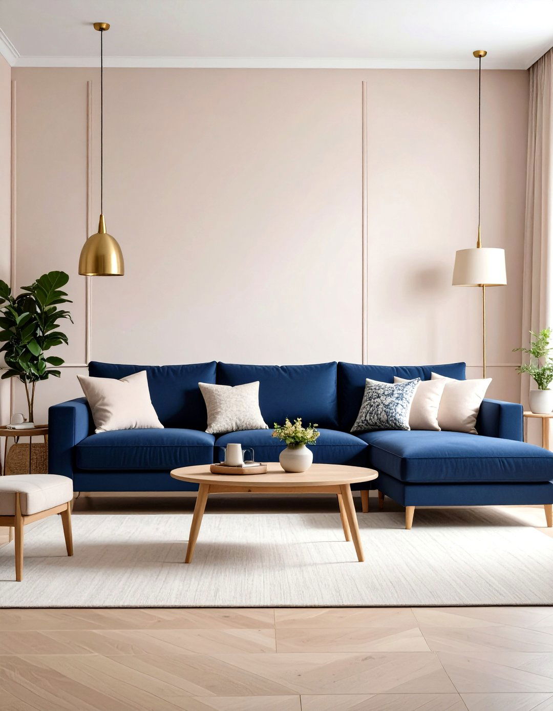 Blush Pink Walls with Navy Blue Sectional Sofa - 24 Pink and Blue Living Room Ideas