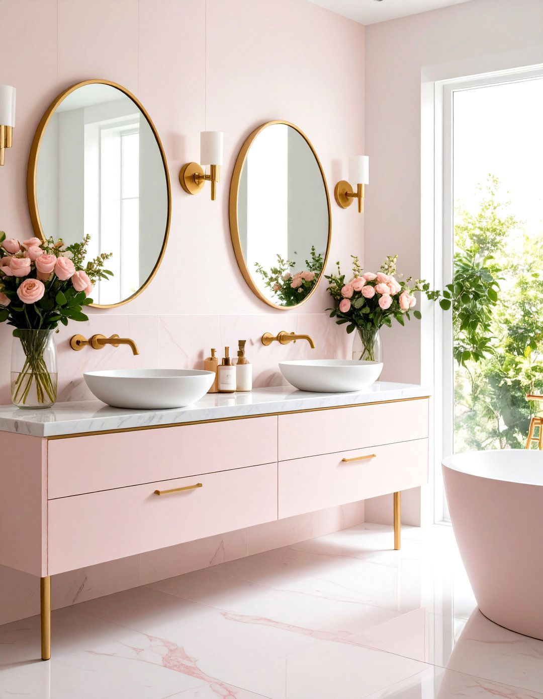 Blush Pink and Brass Hall Bathroom - 24 Hall Bathroom Ideas