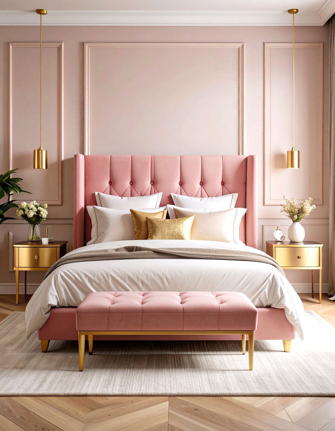 Blush Velvet Headboard with Gold Accents - 24 Pink and Gold Bedroom Ideas