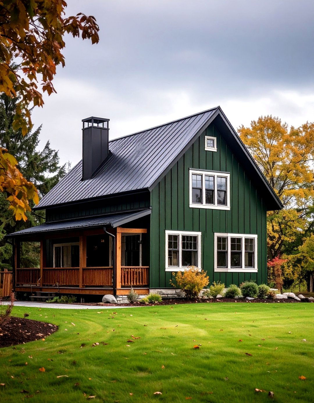 Board and Batten Dark Olive Siding with Black Metal Roofing - 24 Dark Olive Green House With Black Trim