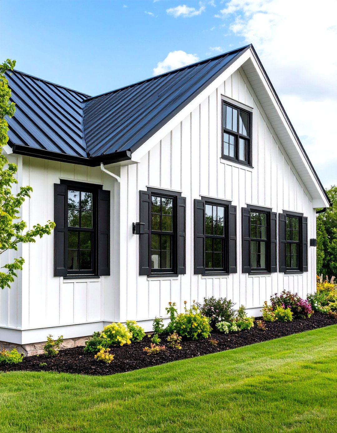 Board and Batten Vertical Siding Design - 24 White Farmhouse With Black Windows Ideas