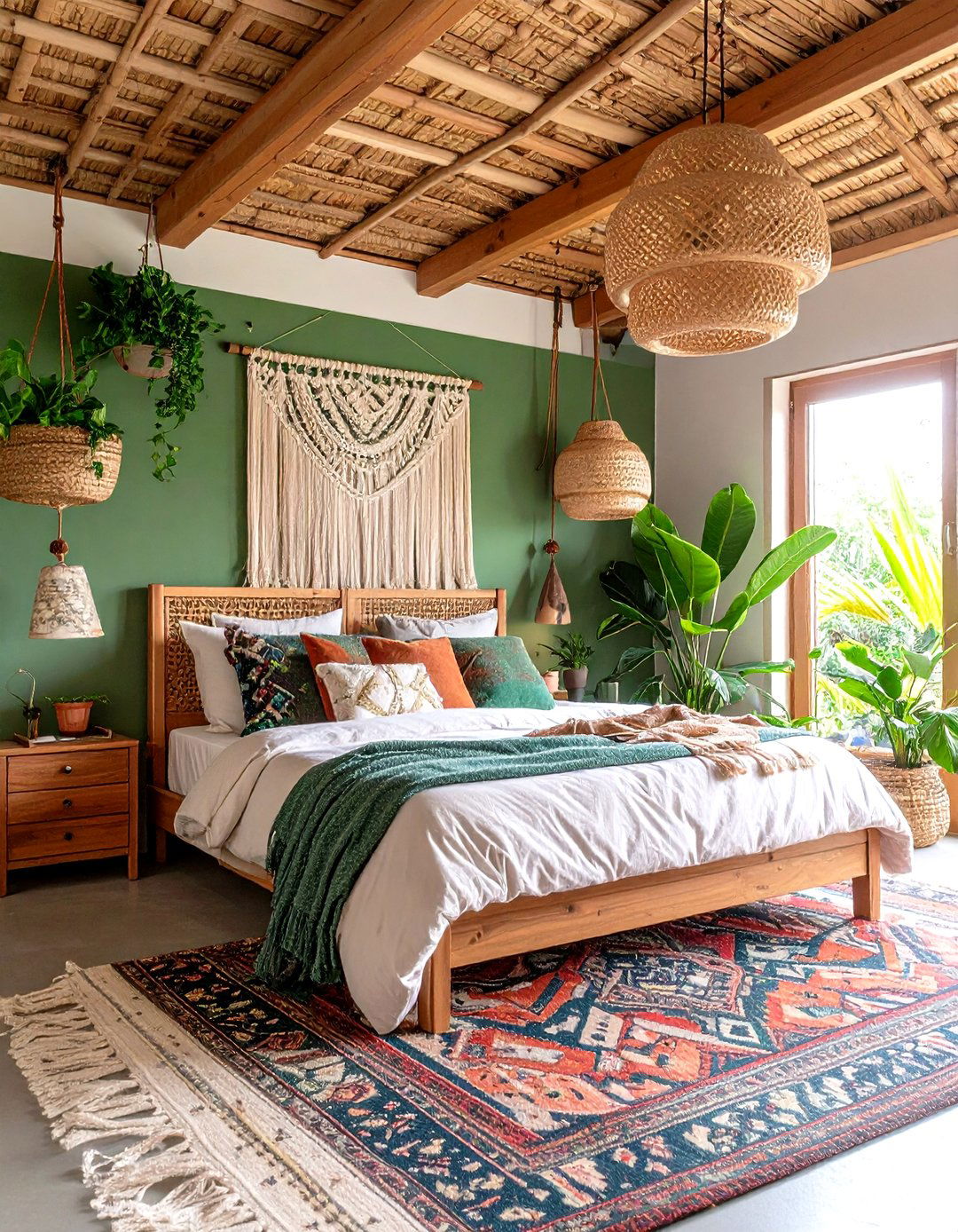Bohemian Bedroom with Olive Green Ceiling - 24 Olive Green Room Ideas
