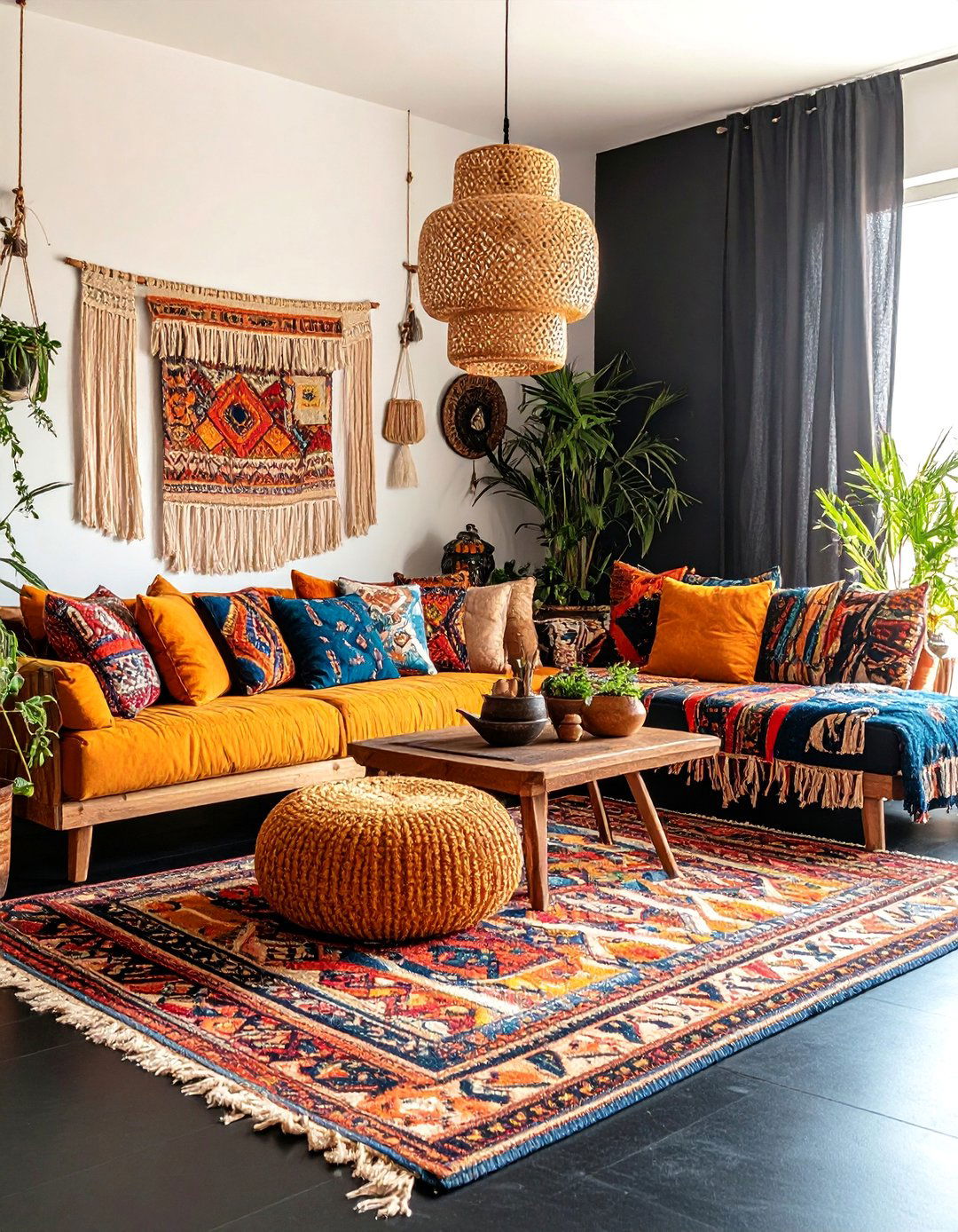 Bohemian Black Floor with Colorful Accents - 24 Black Floor Living Room Ideas