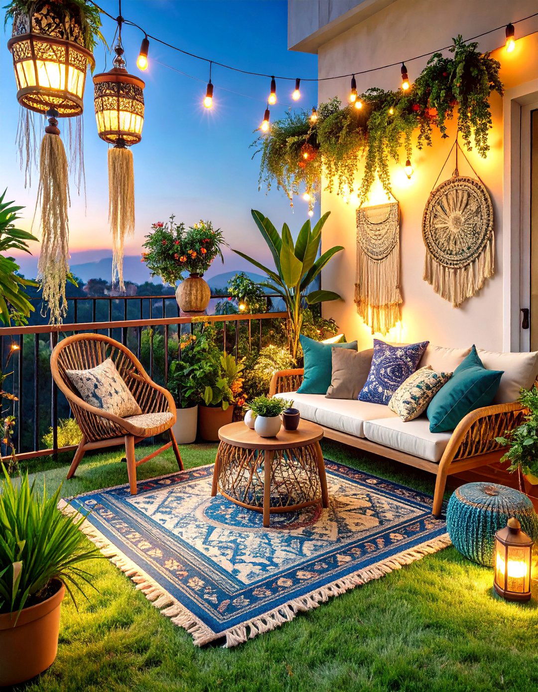 Bohemian Chic Balcony Sanctuary - 24 Artificial Grass Balcony Design
