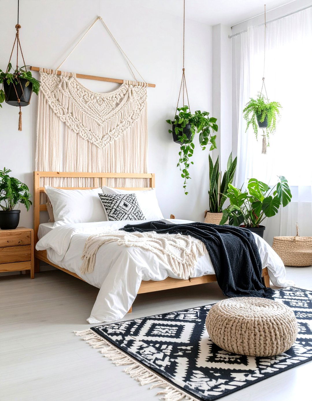 Bohemian Chic Bedroom with Global Accents - 24 Feminine Black and White Bedroom Ideas