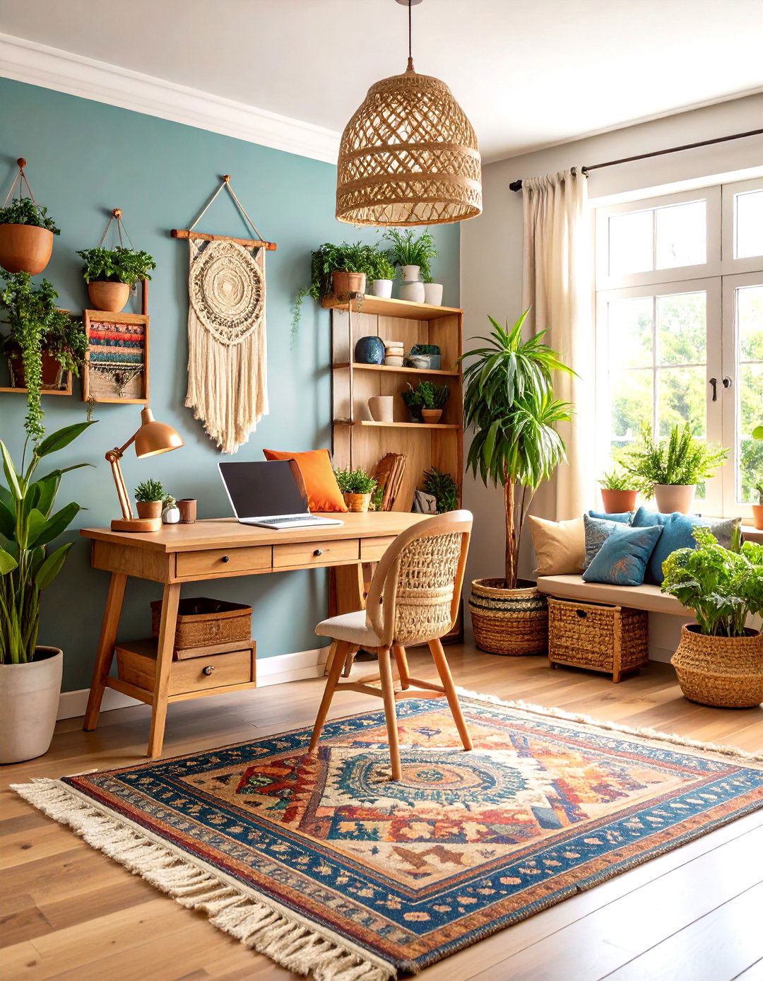 Bohemian Corner Home Office with Layered Textiles - 24 Small Home Office Ideas