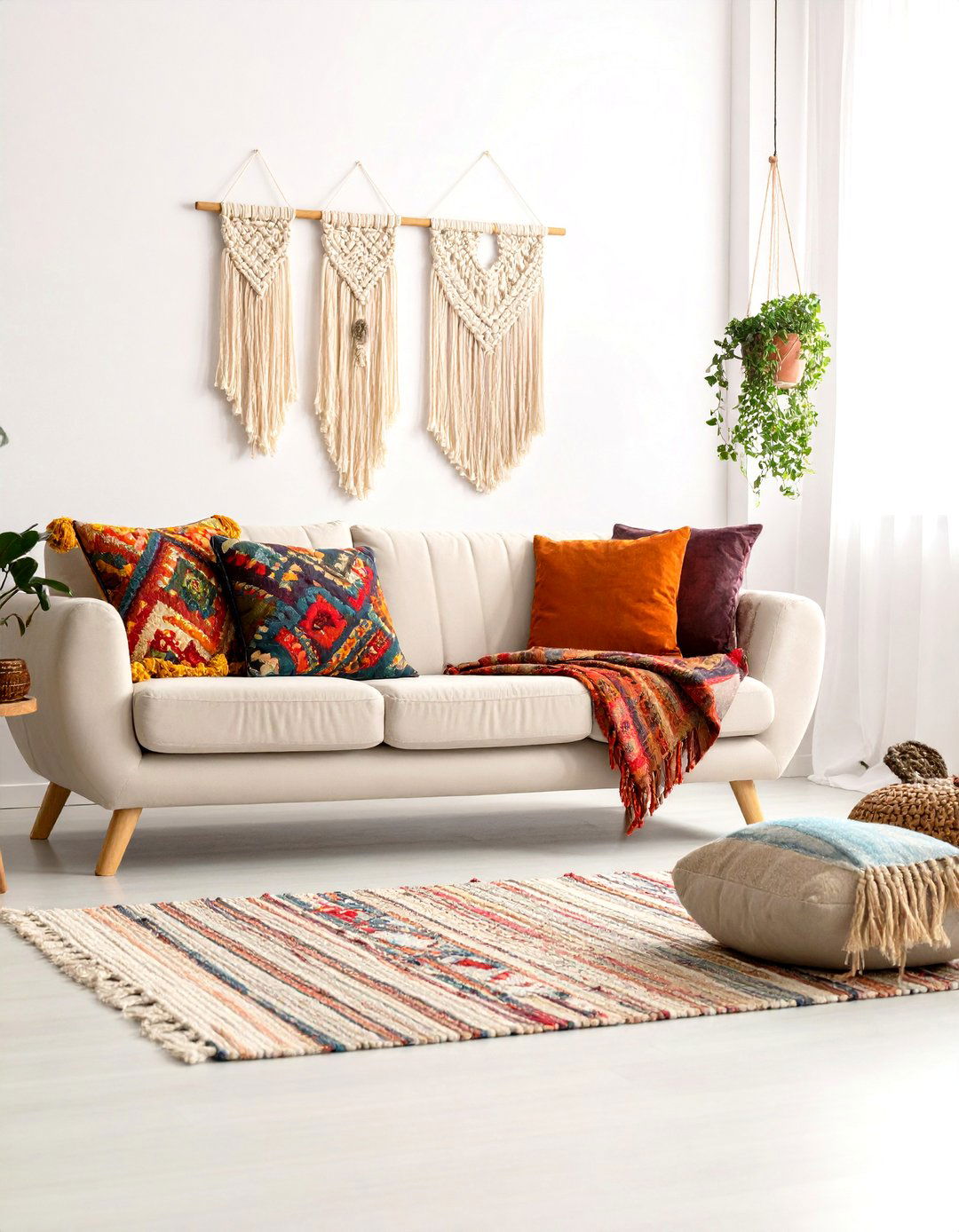 Bohemian Cream Couch with Global Textiles - 24 Cream Couch Living Room Ideas
