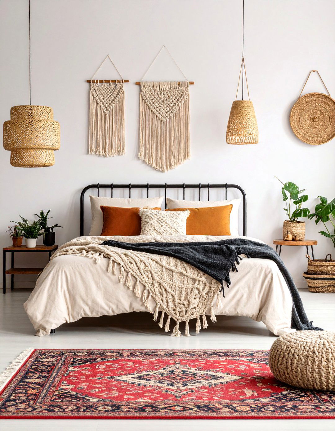 Bohemian Cream and Black Bedroom with Layered Textiles - 24 Cream and Black Bedroom Ideas