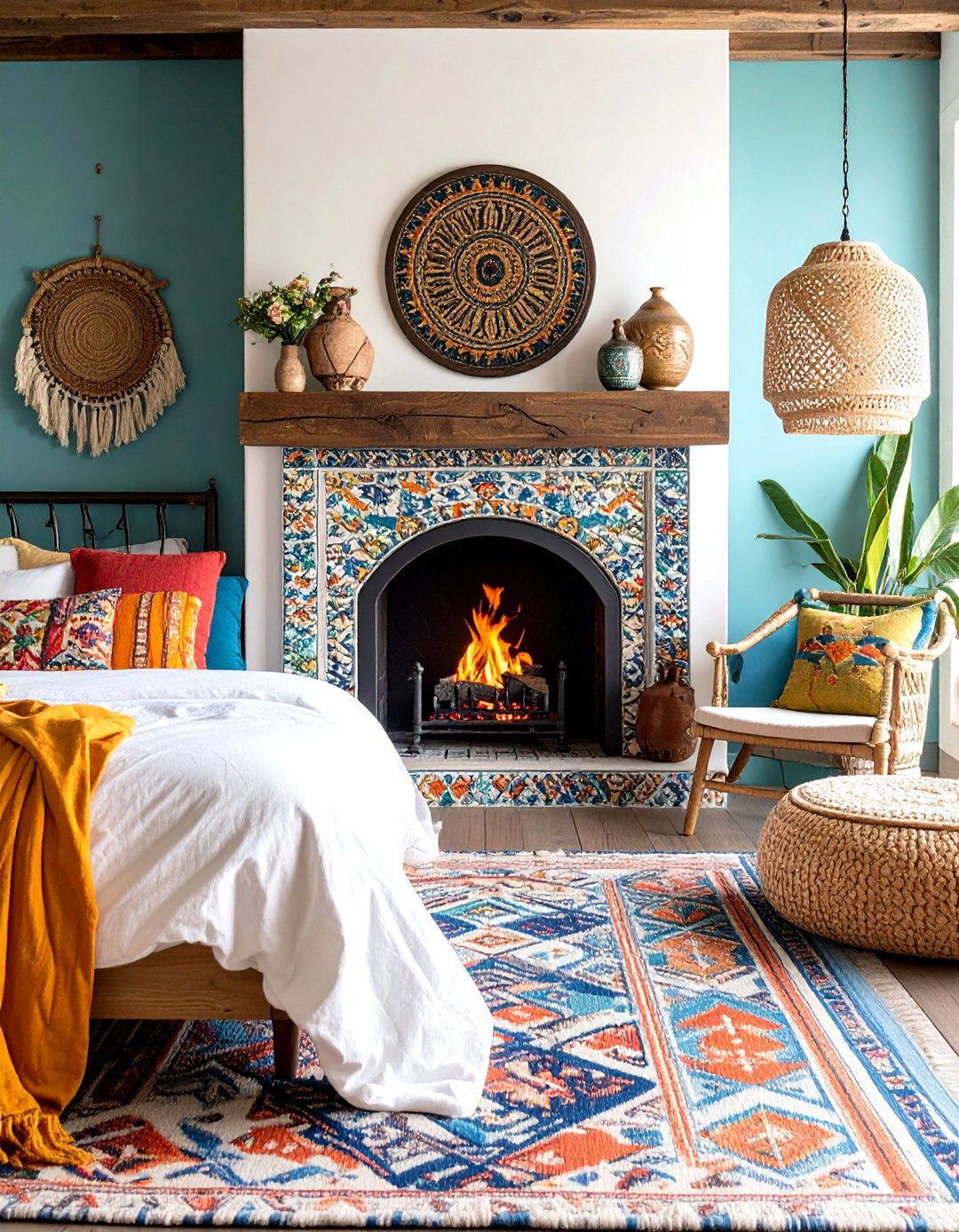 Bohemian Eclectic Fireplace with Mixed Materials - 24 Bedroom Fireplace Ideas