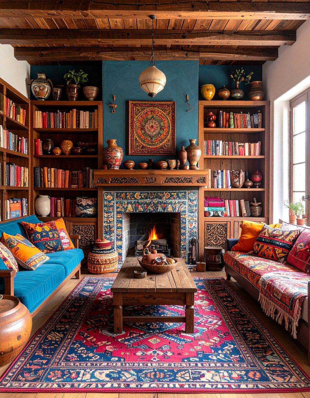 Bohemian Eclectic Global Influence - 24 Fireplace With Bookshelves