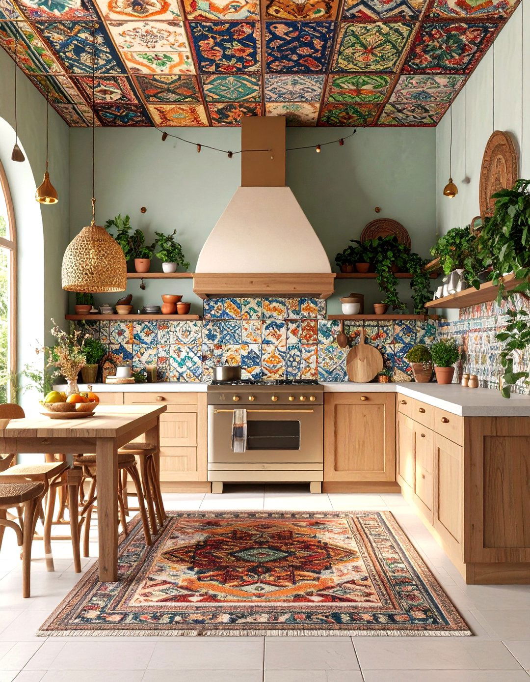 Bohemian Eclectic Kitchen with Colorful Tapestry Ceiling - 24 Sloped Ceiling Kitchen Ideas
