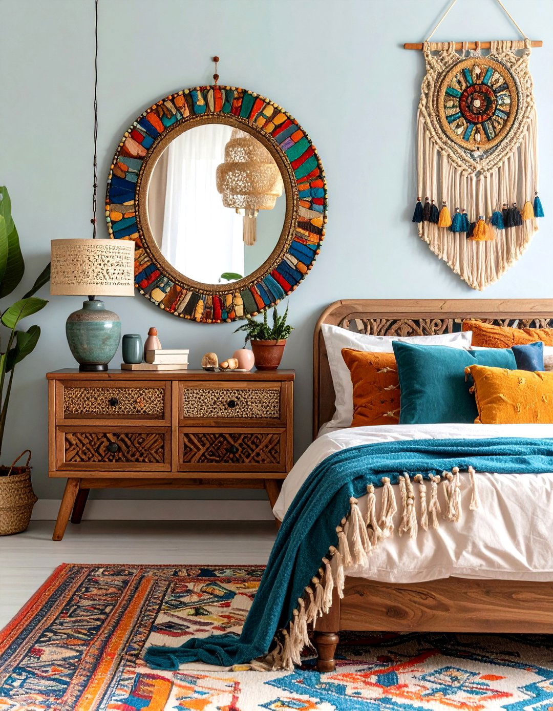 Bohemian Eclectic Mixed Textures Design - 24 Mirror Behind Nightstand Design Ideas