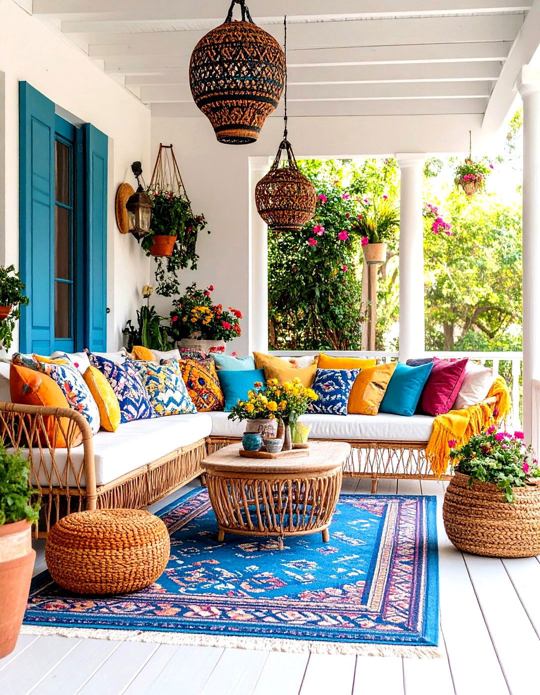 Bohemian Eclectic Outdoor Living Space - 24 Large Front Porch Ideas