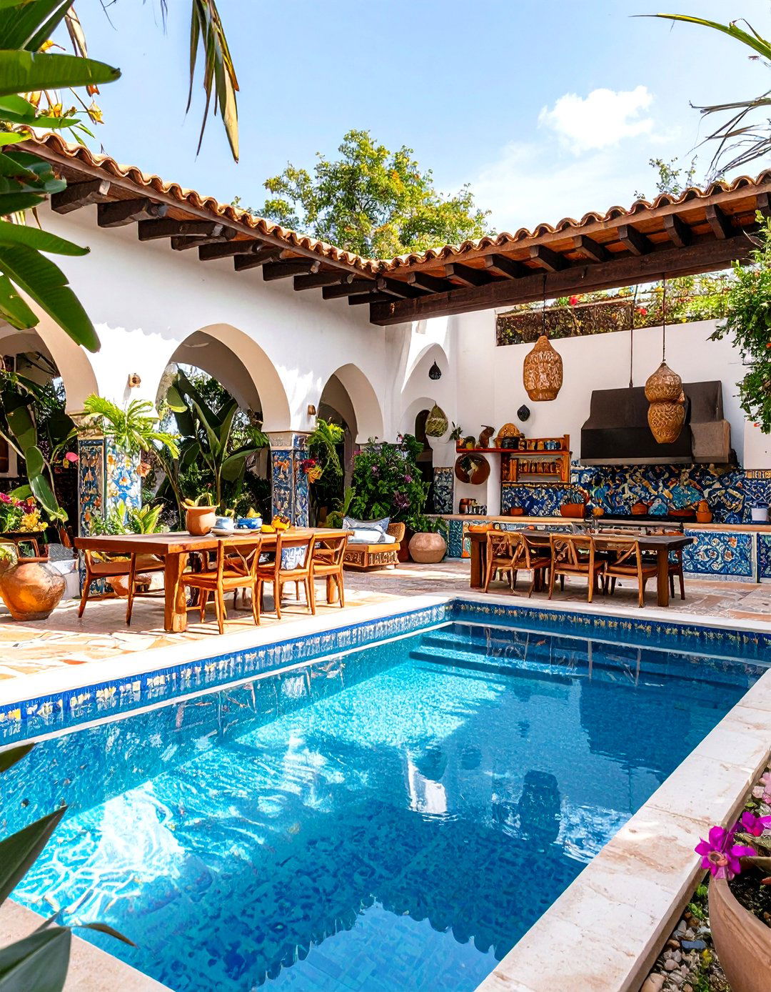 Bohemian Eclectic Pool House with Global Fusion Kitchen - 24 Pool House With Outdoor Kitchen Ideas