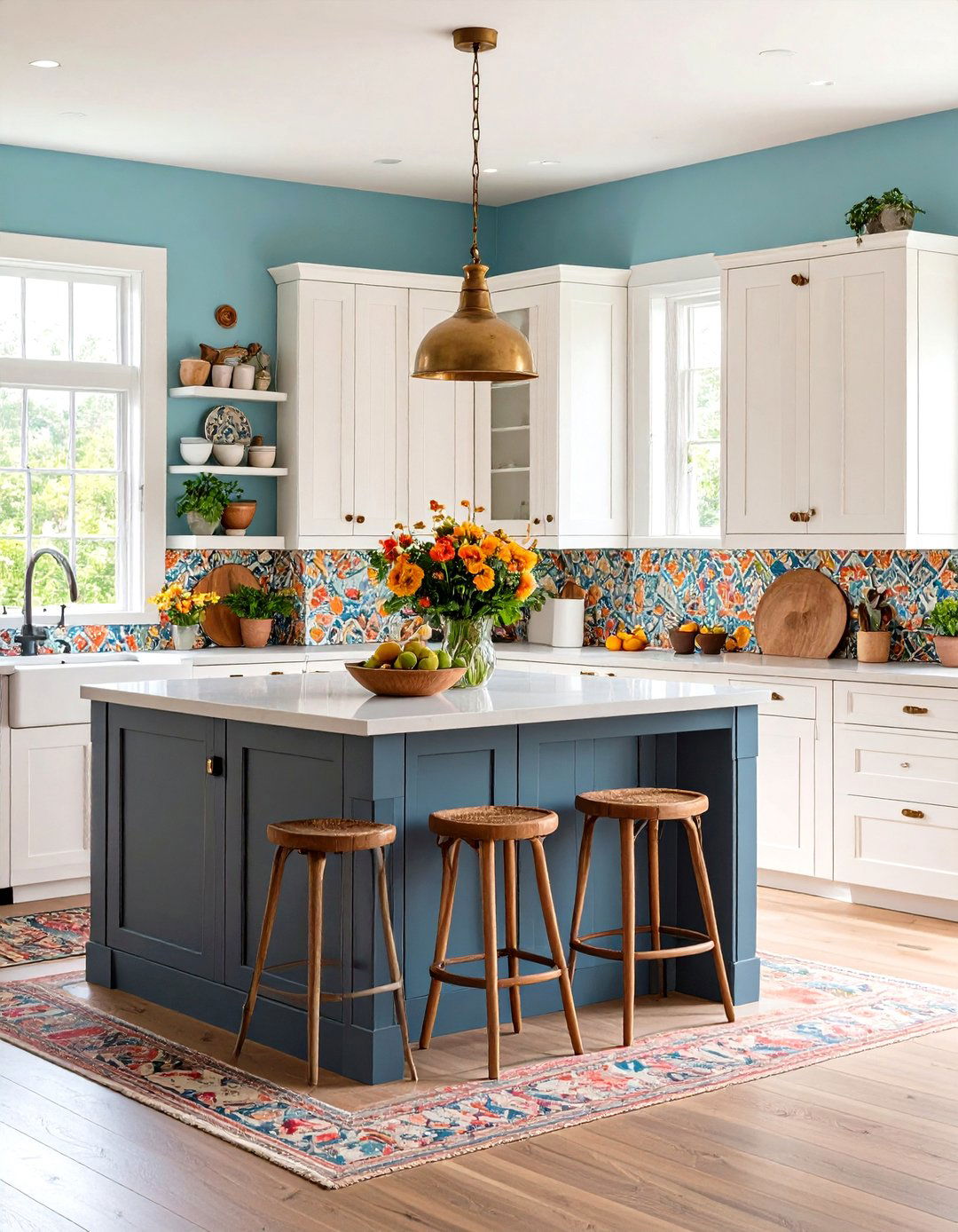 Bohemian Eclectic White Kitchen With Charcoal Grey Island - 24 White Kitchen Cabinets With Grey Island Ideas