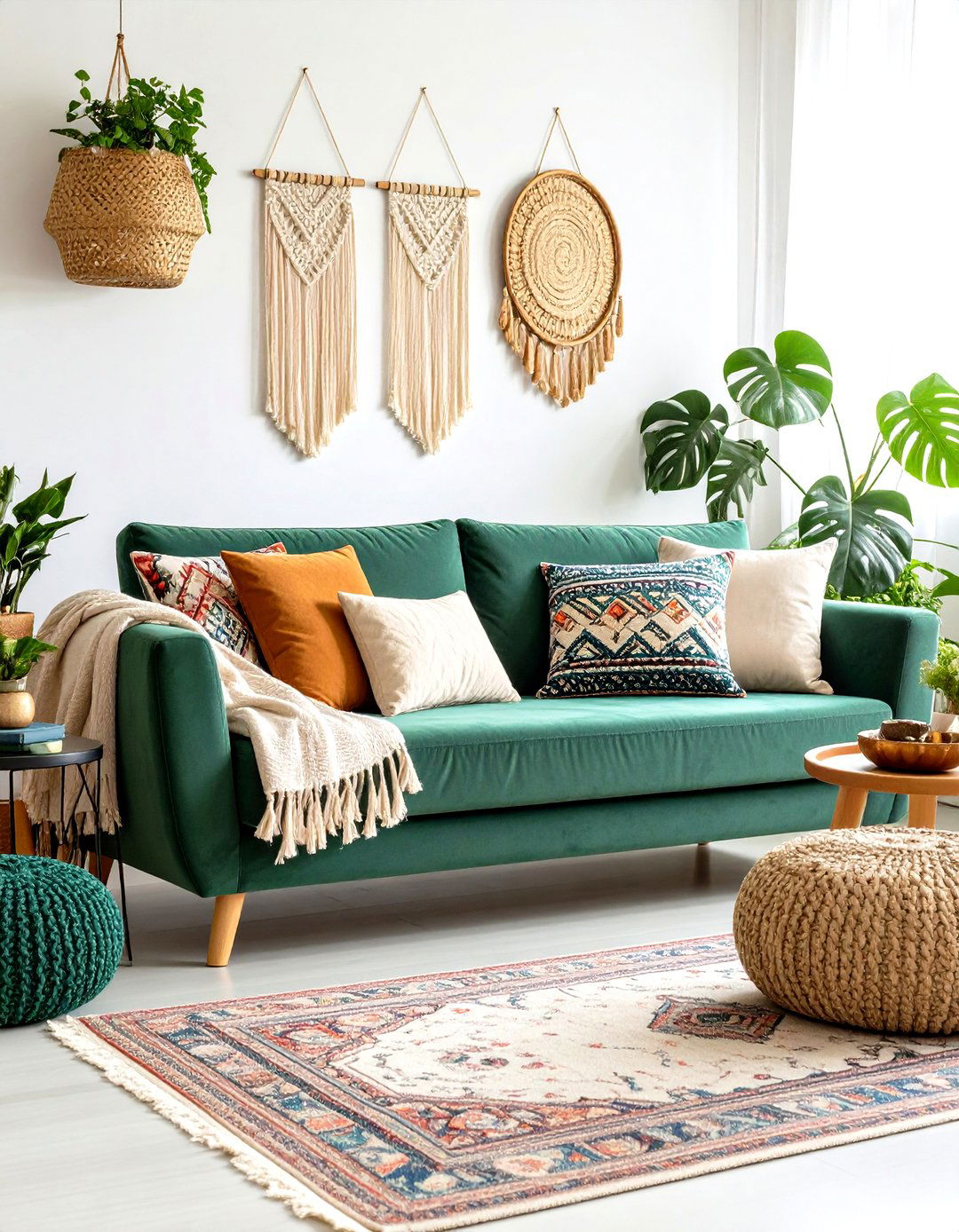 Bohemian Emerald Green Sofa with Global Textiles - 24 Emerald Green Sofa Living Room Ideas