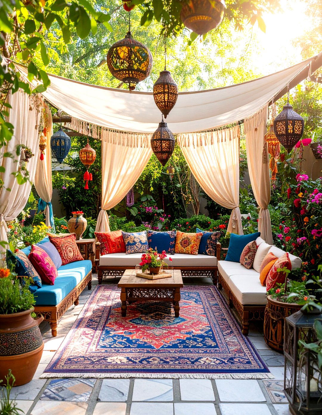 Bohemian Garden Oasis with Colorful Textiles and Eclectic Elements - 24 Garden Decor Ideas