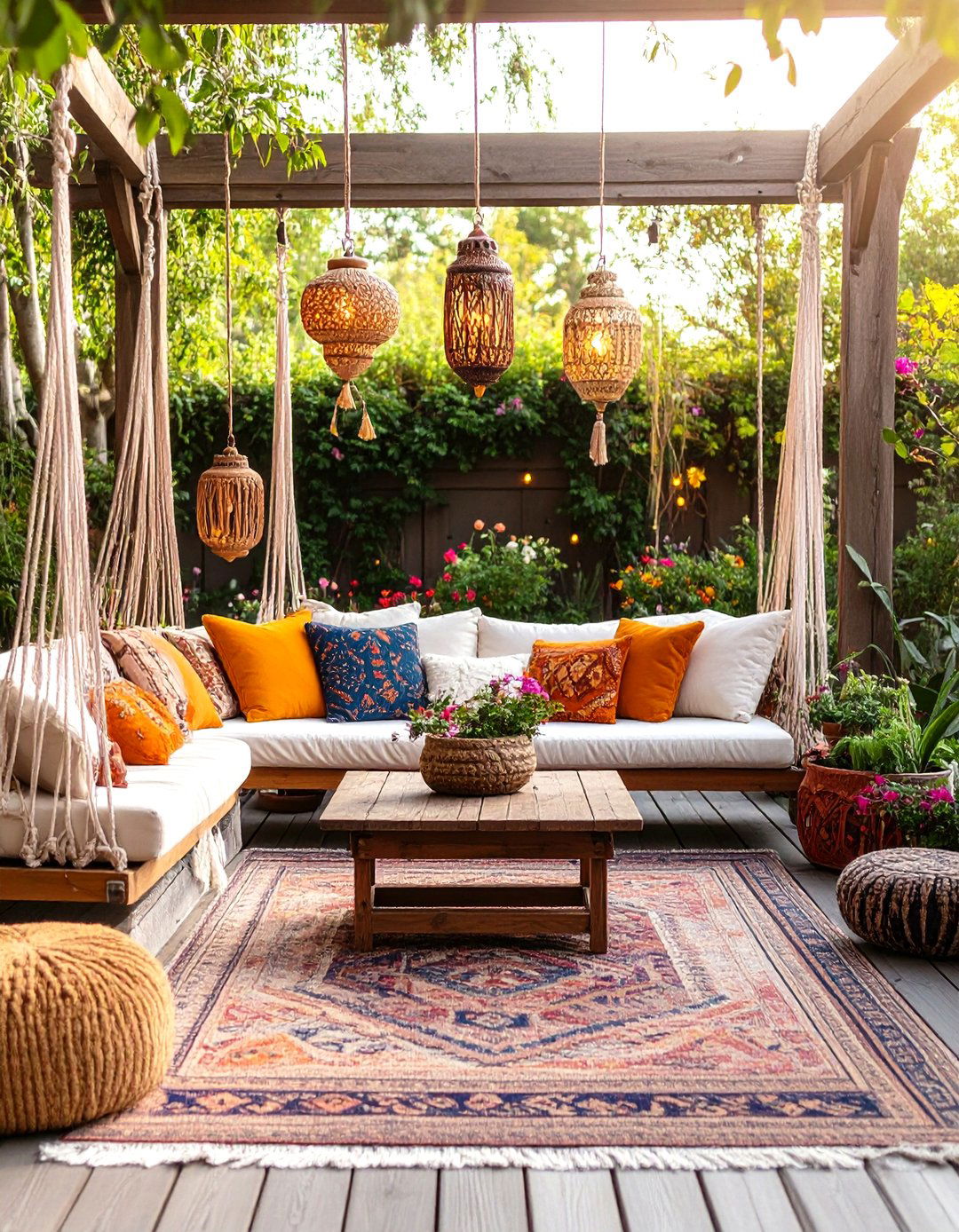 Bohemian Garden Retreat with Layered Textiles and Colors - 24 Outdoor Living Space Ideas