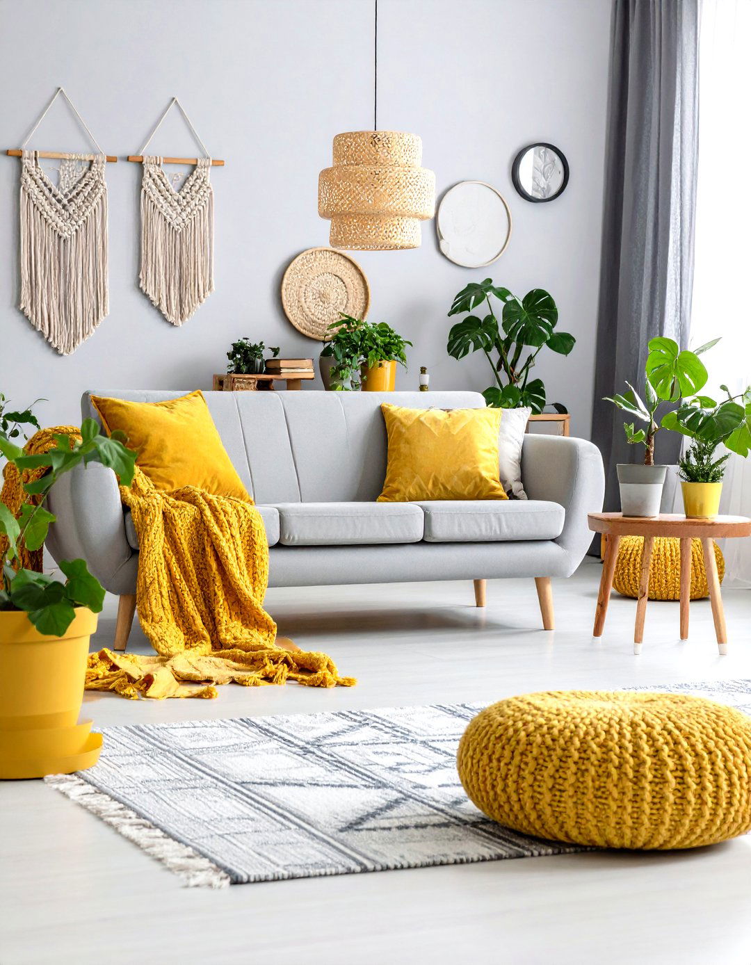 Bohemian Grey and Yellow Layered Textures - 24 Grey and Yellow Living Room Ideas