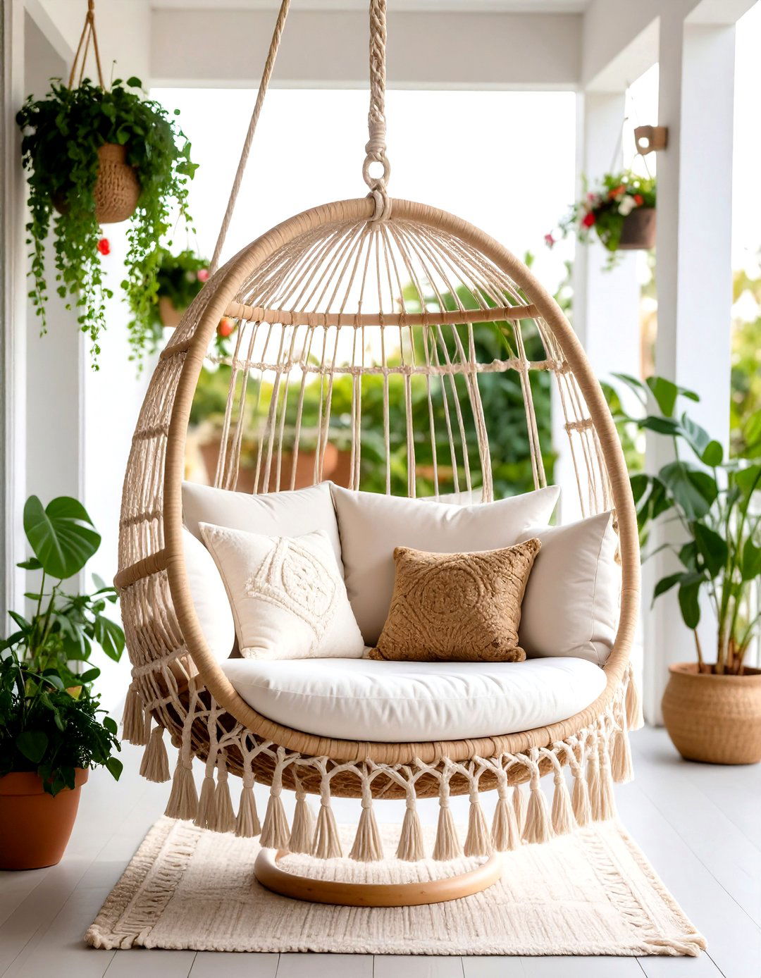 Bohemian Hanging Egg Chair Swing with Macrame Details - 24 Front Porch Swing Ideas