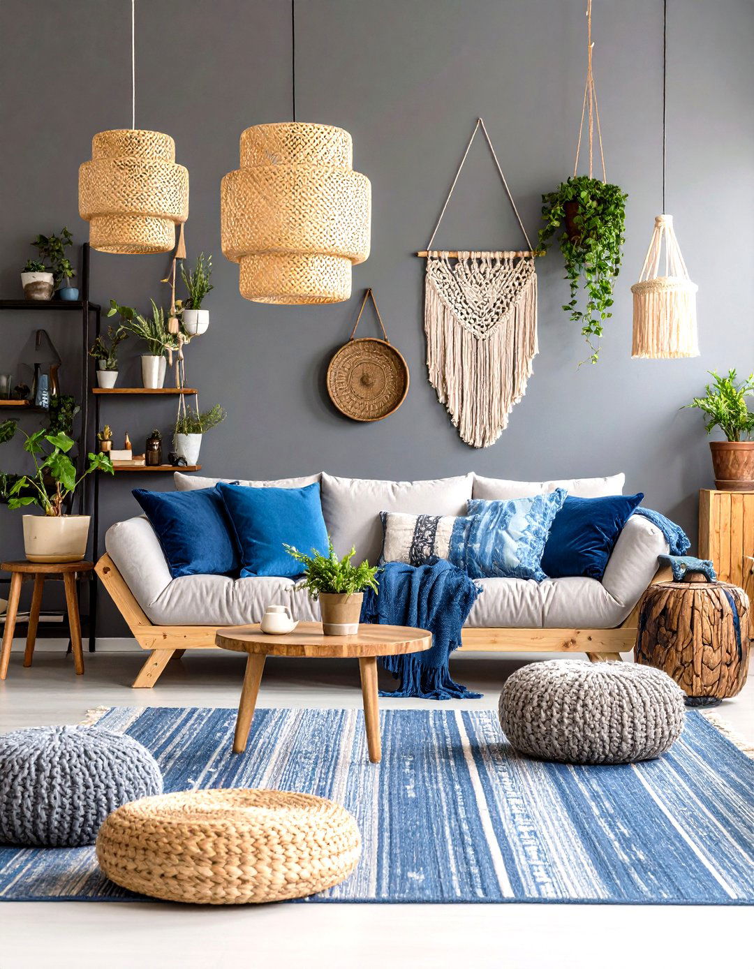 Bohemian Indigo and Charcoal Grey Mix - 24 Blue and Grey Living Room Ideas