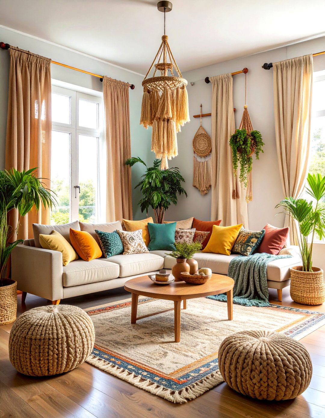 Bohemian Layered Curtain Panels with Macrame Tiebacks - 24 Window Treatments Ideas