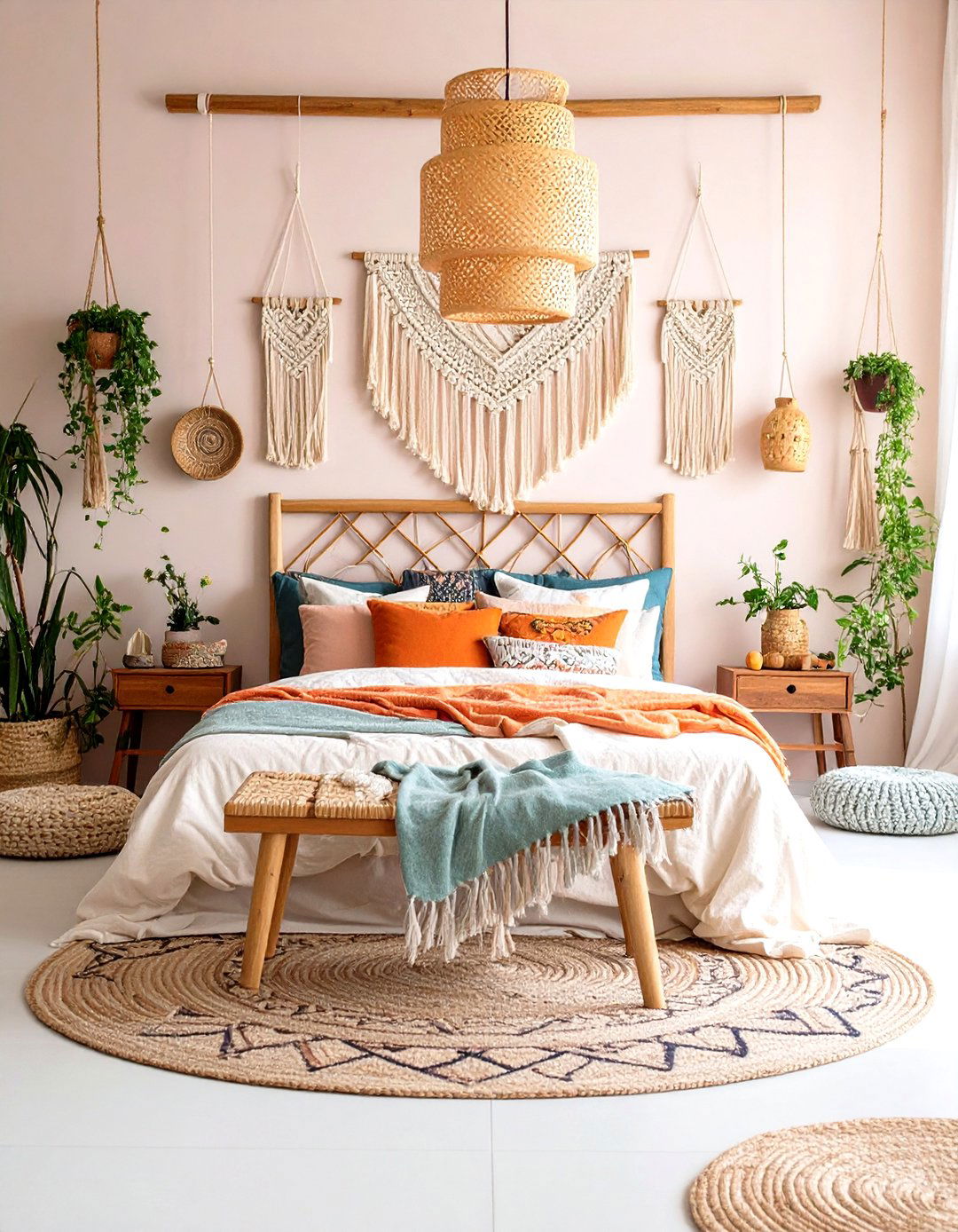 Bohemian Layered Textiles with Macrame Details - 24 White and Cream Bedroom Ideas