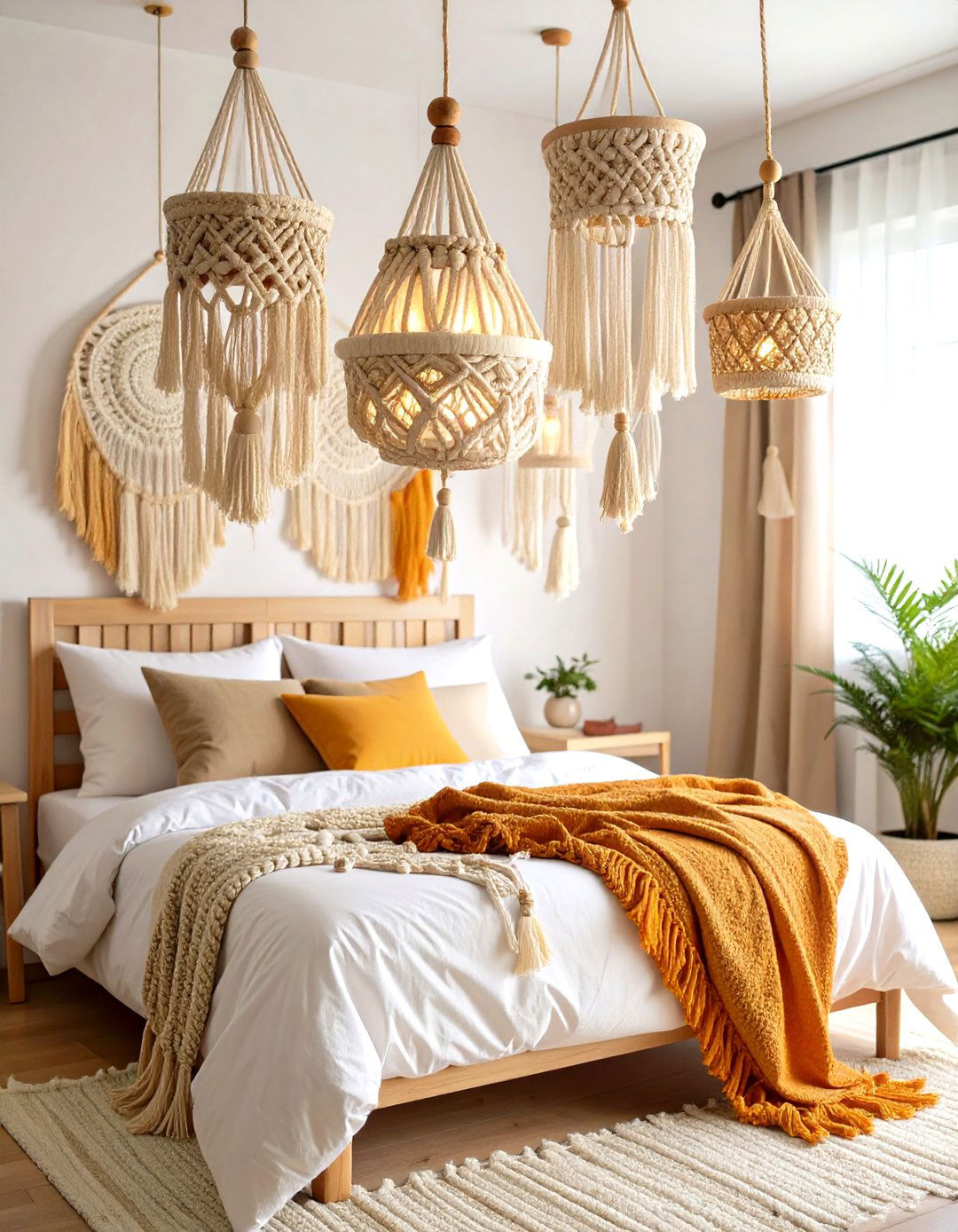 Bohemian Macrame Pendant Cluster - 24 Bedroom Lighting Ideas