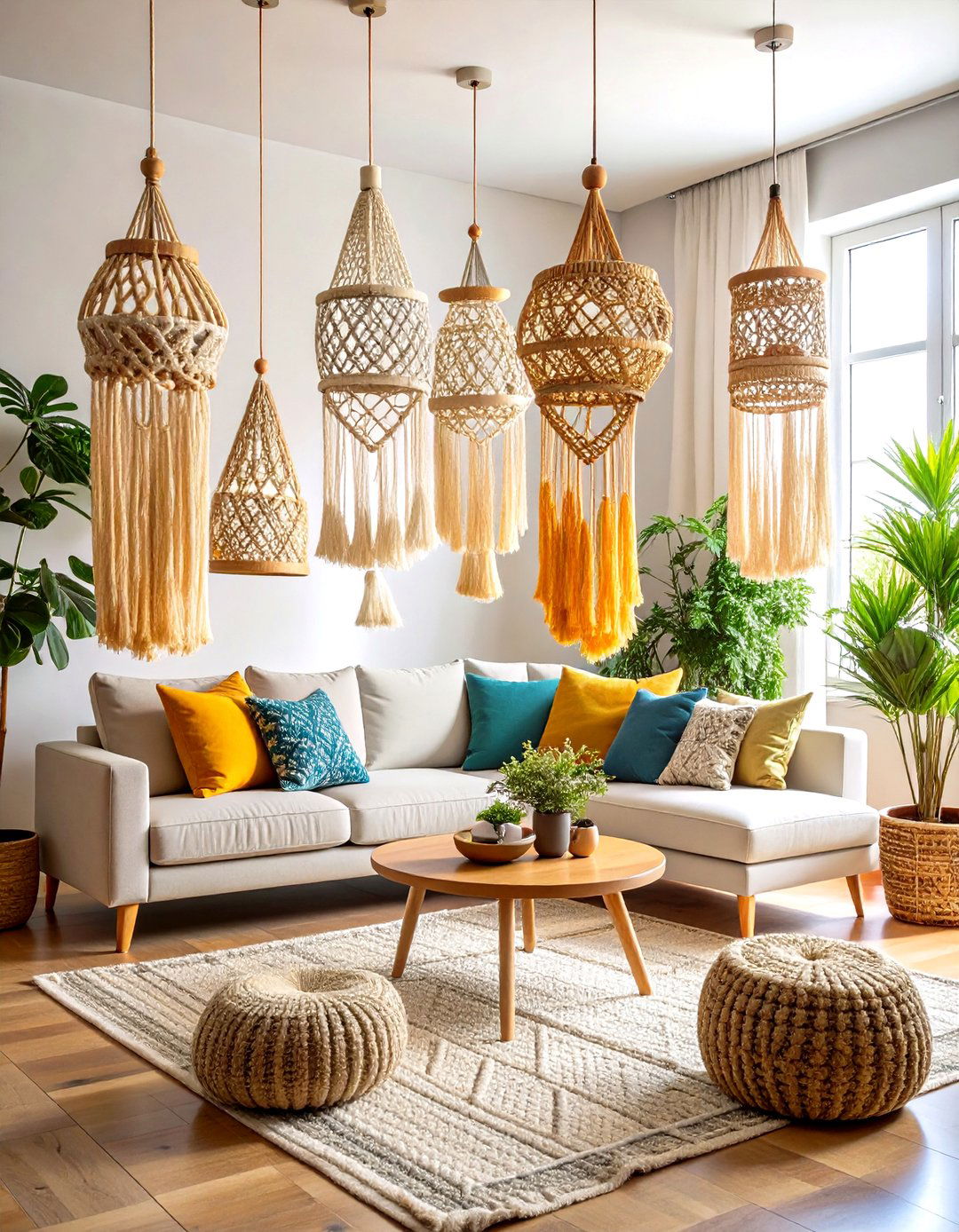 Bohemian Macrame Pendant Shades - 24 Living Room Lighting Ideas
