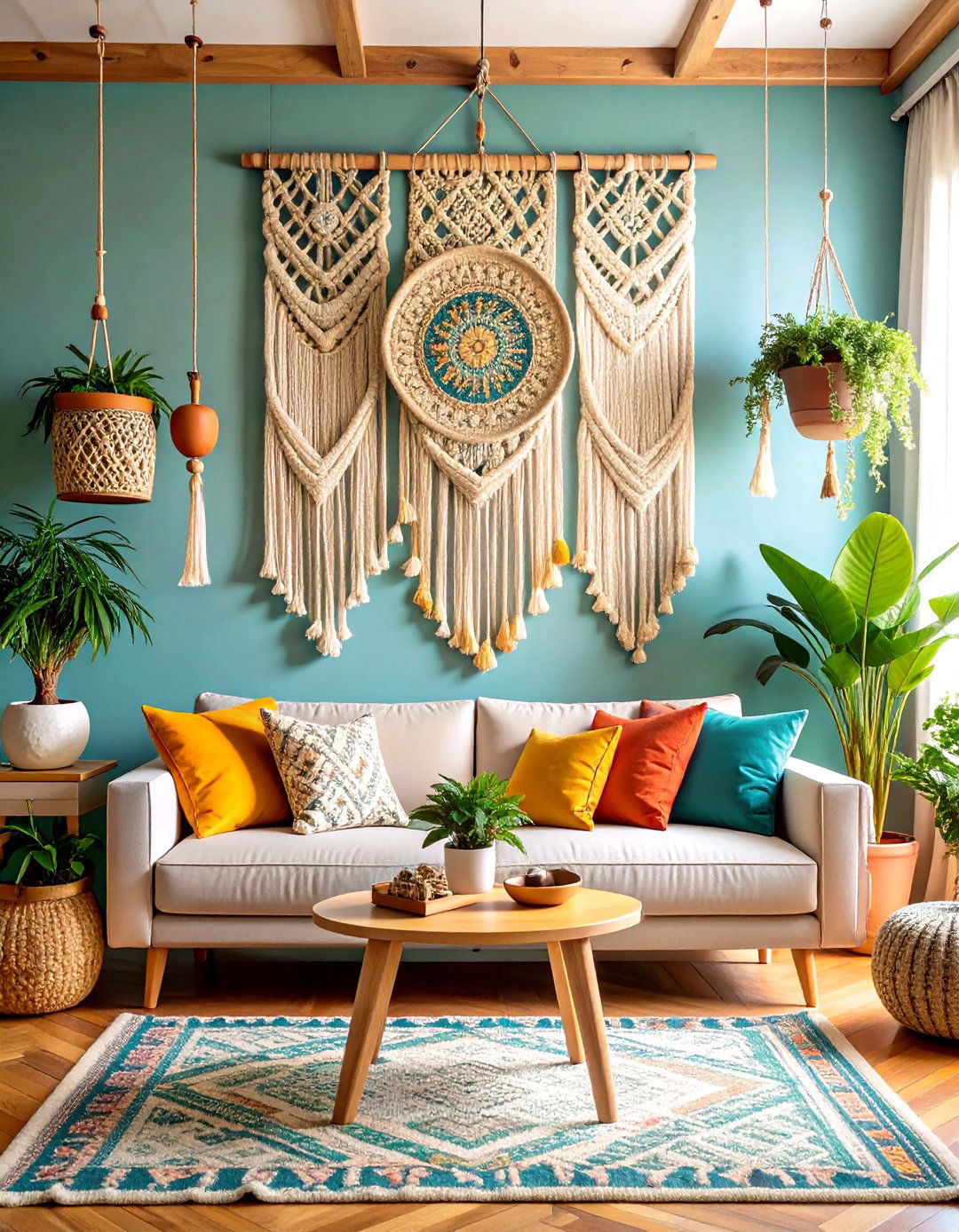 Bohemian Macrame Wall Art Living Room - 24 Earthy Living Room Decor Ideas