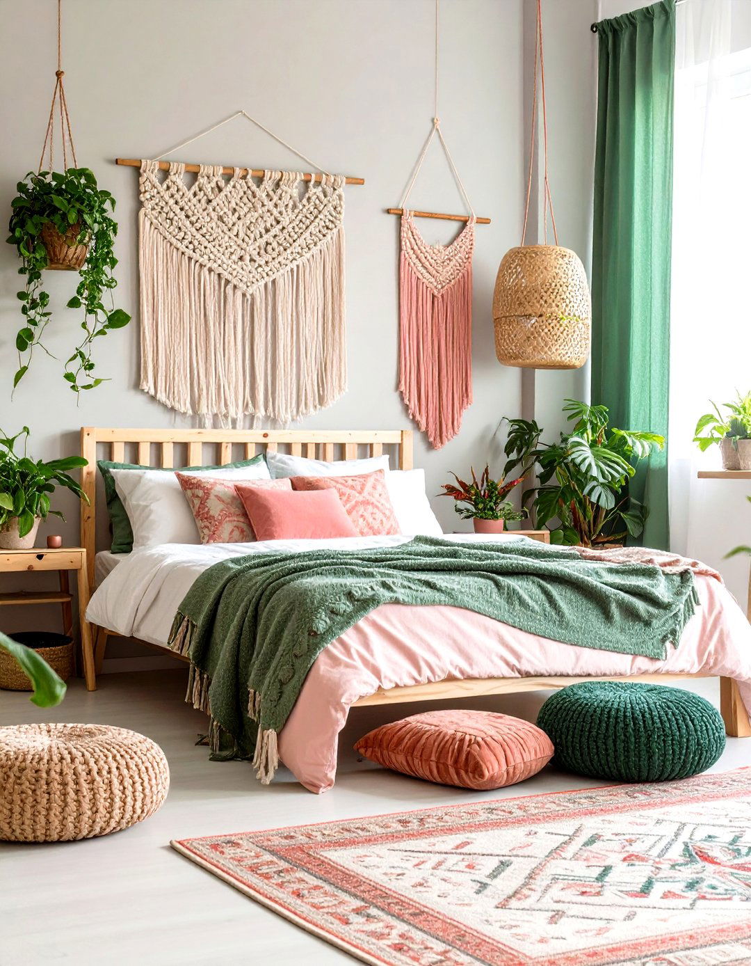 Bohemian Macrame with Pink and Green Textiles - 24 Pink and Green Bedroom Ideas
