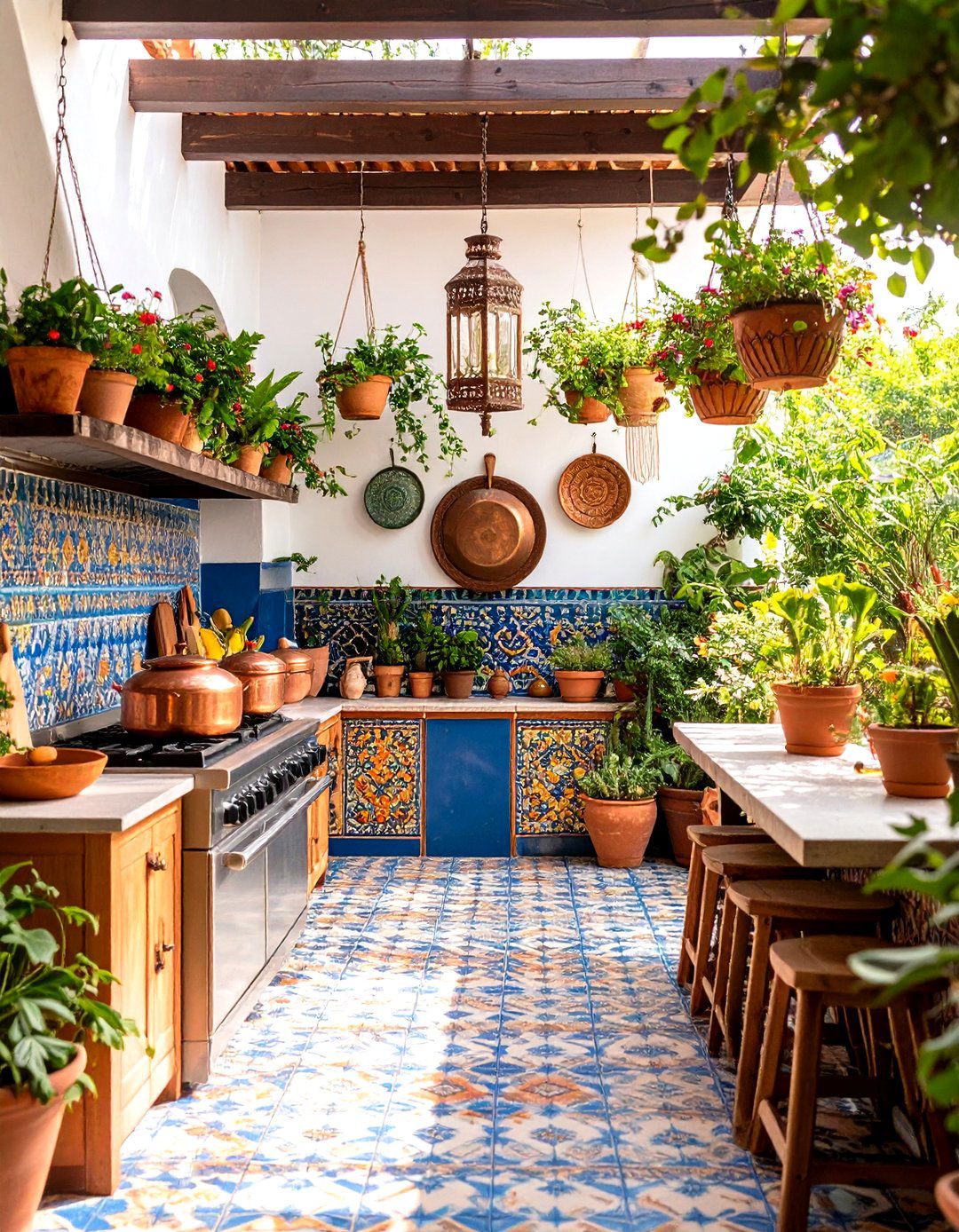 Bohemian Outdoor Kitchen with Colorful Tiles and Textiles - 24 Small Outdoor Kitchen Ideas