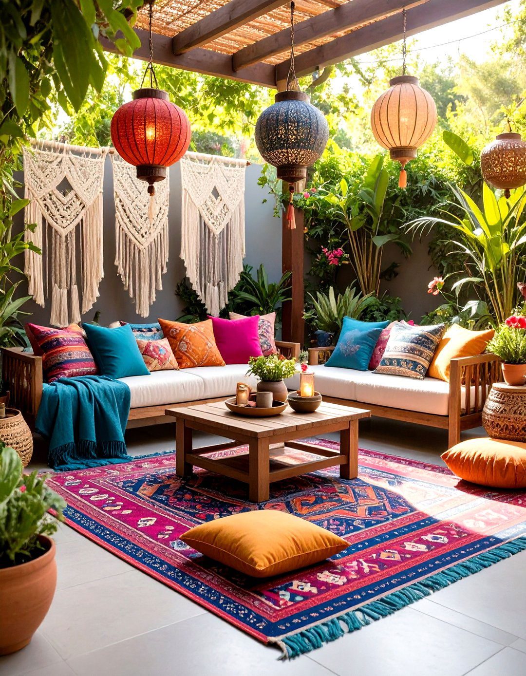 Bohemian Patio with Layered Textiles and Macrame - 24 Patio Decor Ideas