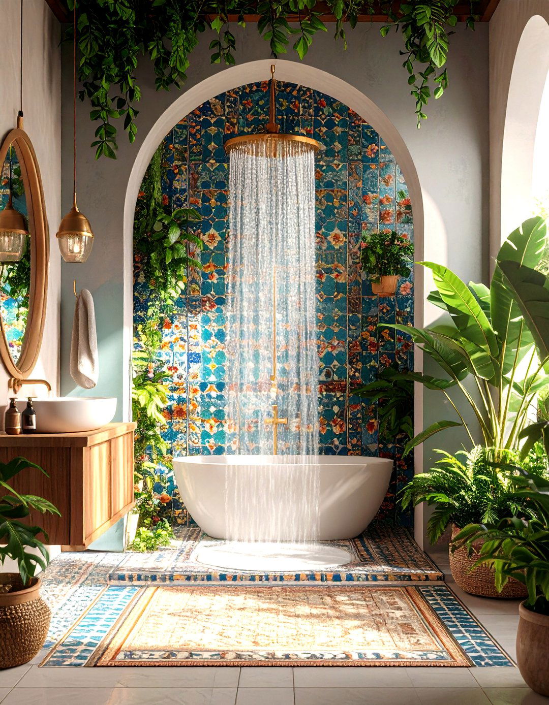Bohemian Patterned Tile Shower Oasis - 24 Bathroom Shower Ideas