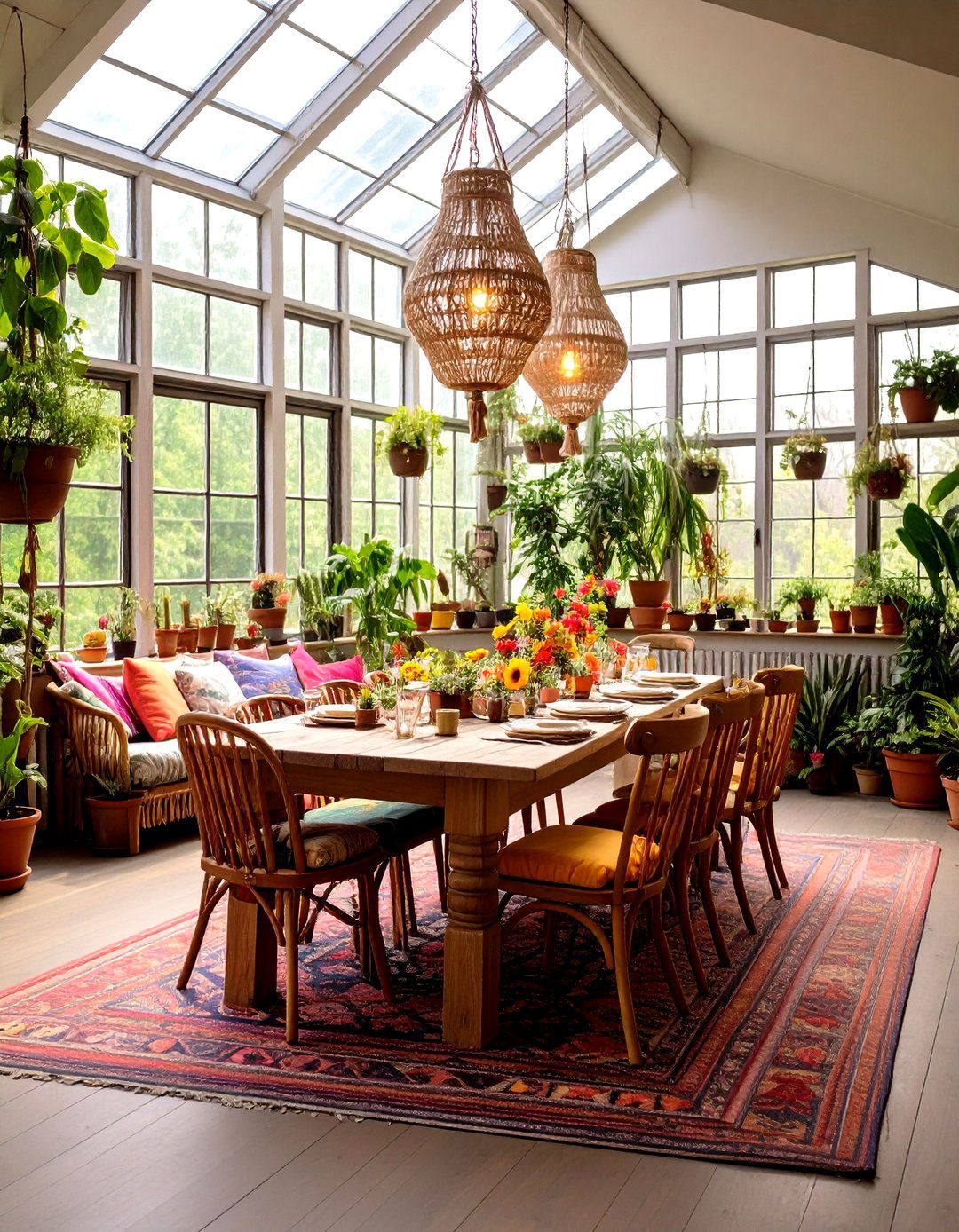 Bohemian Plant Filled Dining Room - 24 Greenhouse Dining Room Ideas
