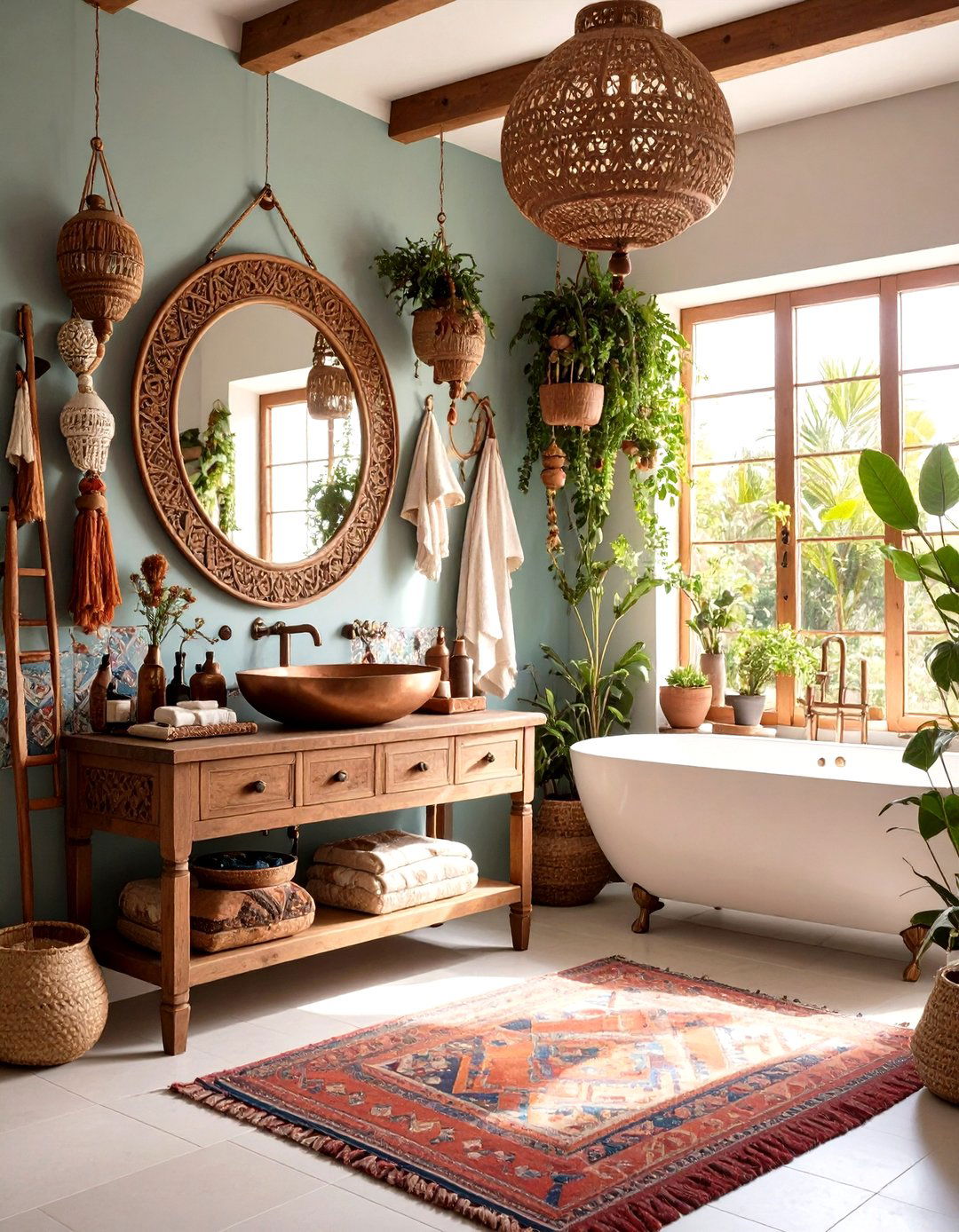 Bohemian Powder Room with Layered Textile Elements - 24 Powder Room Ideas