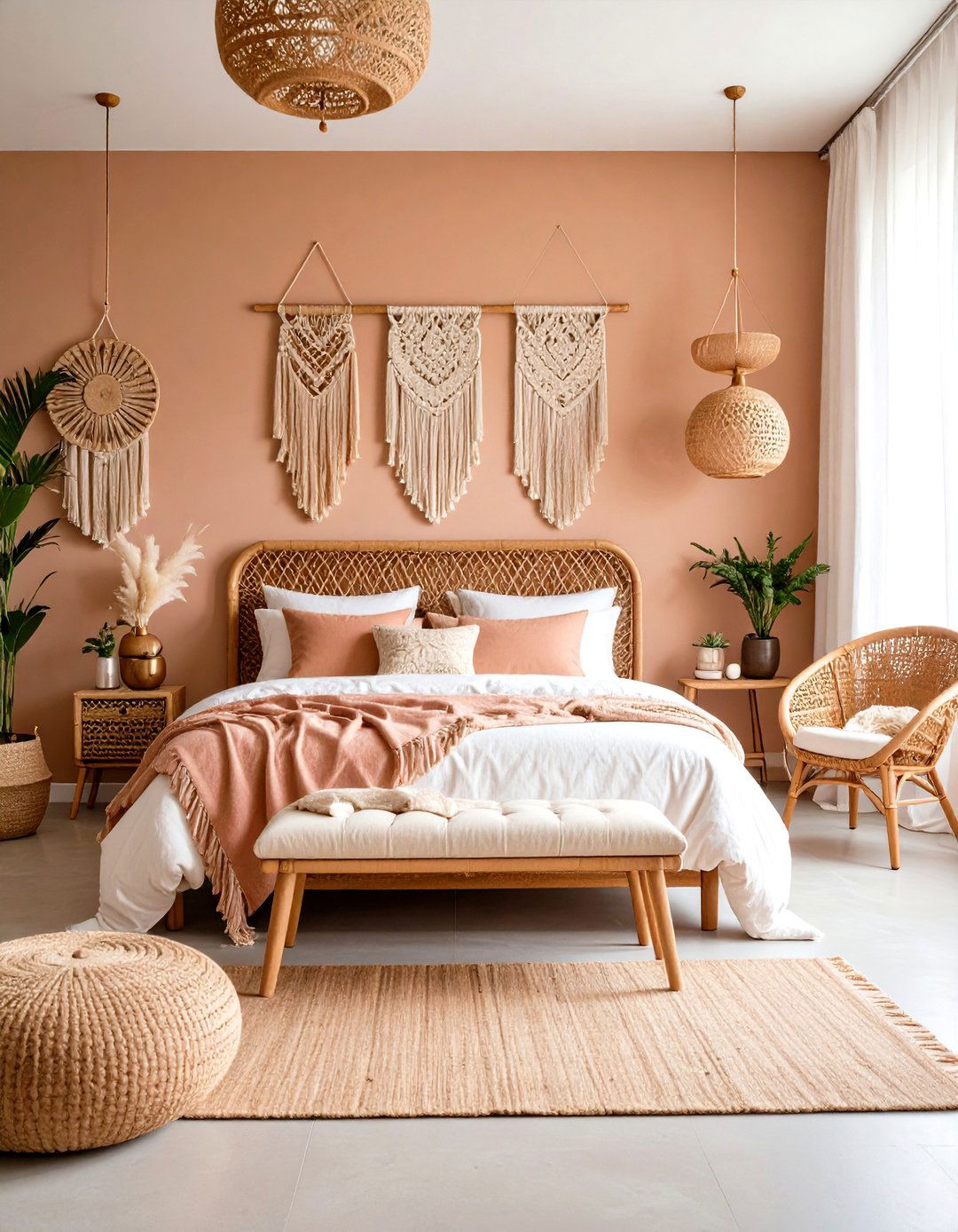 Bohemian Rose Gold Bedroom with Rattan Furniture - 24 Rose Gold Bedroom Ideas