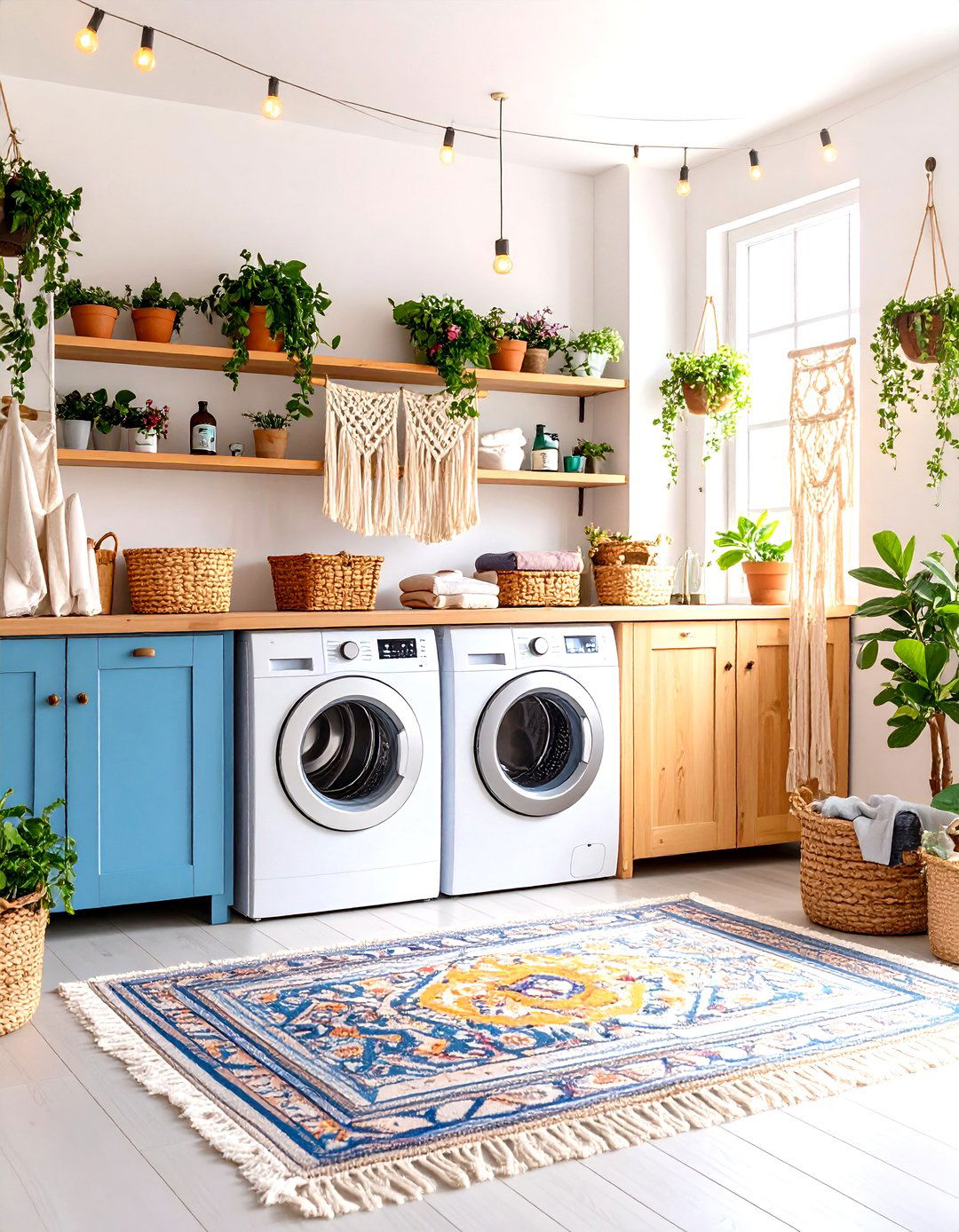 Bohemian Stackable Laundry Corner with Eclectic Textiles - 24 Stackable Laundry Room Ideas