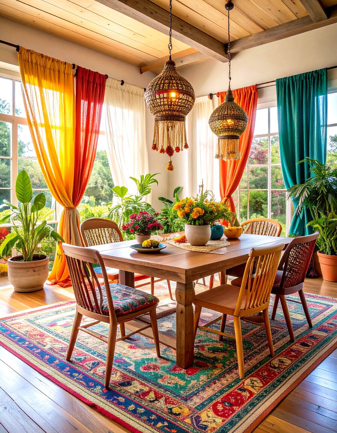 Bohemian Sunroom Dining with Eclectic Patterns - 24 Sunroom Dining Room Ideas