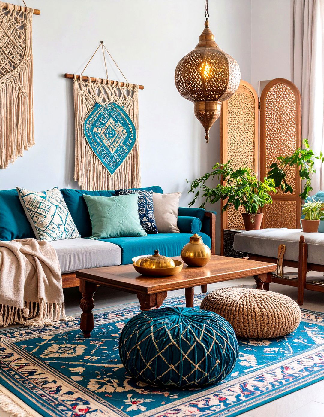 Bohemian Teal Moroccan Living Room with Grey Textiles - 24 Teal and Grey Living Room Ideas