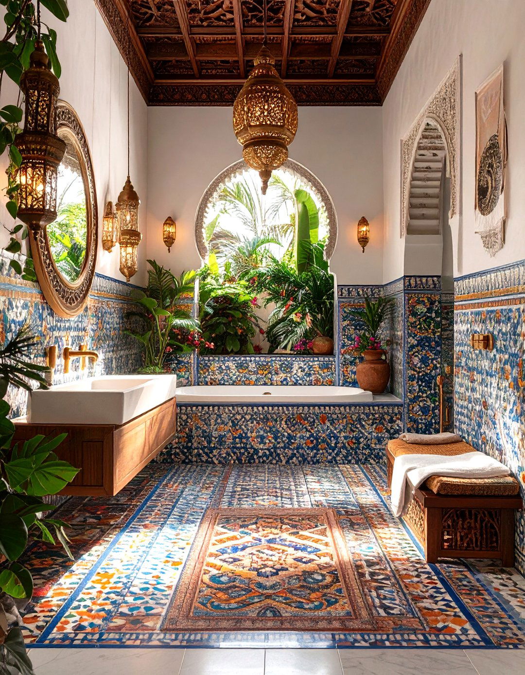 Bohemian Walk in Shower with Moroccan Tile Bench - 24 Walk in Shower Ideas With Bench