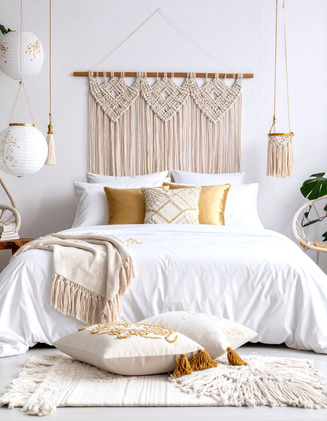 Bohemian White Bedroom with Gold Textile Details - 24 White and Gold Bedroom Ideas