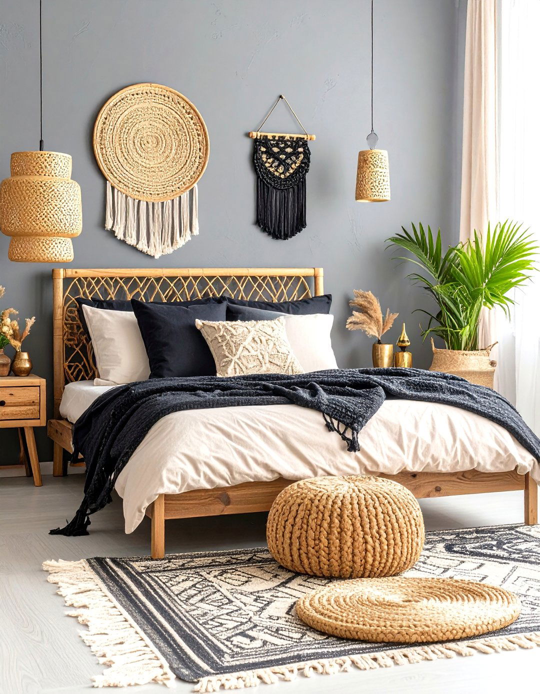 Boho Chic Black and Gold Bedroom with Natural Textures - 24 Black and Gold Bedroom Ideas
