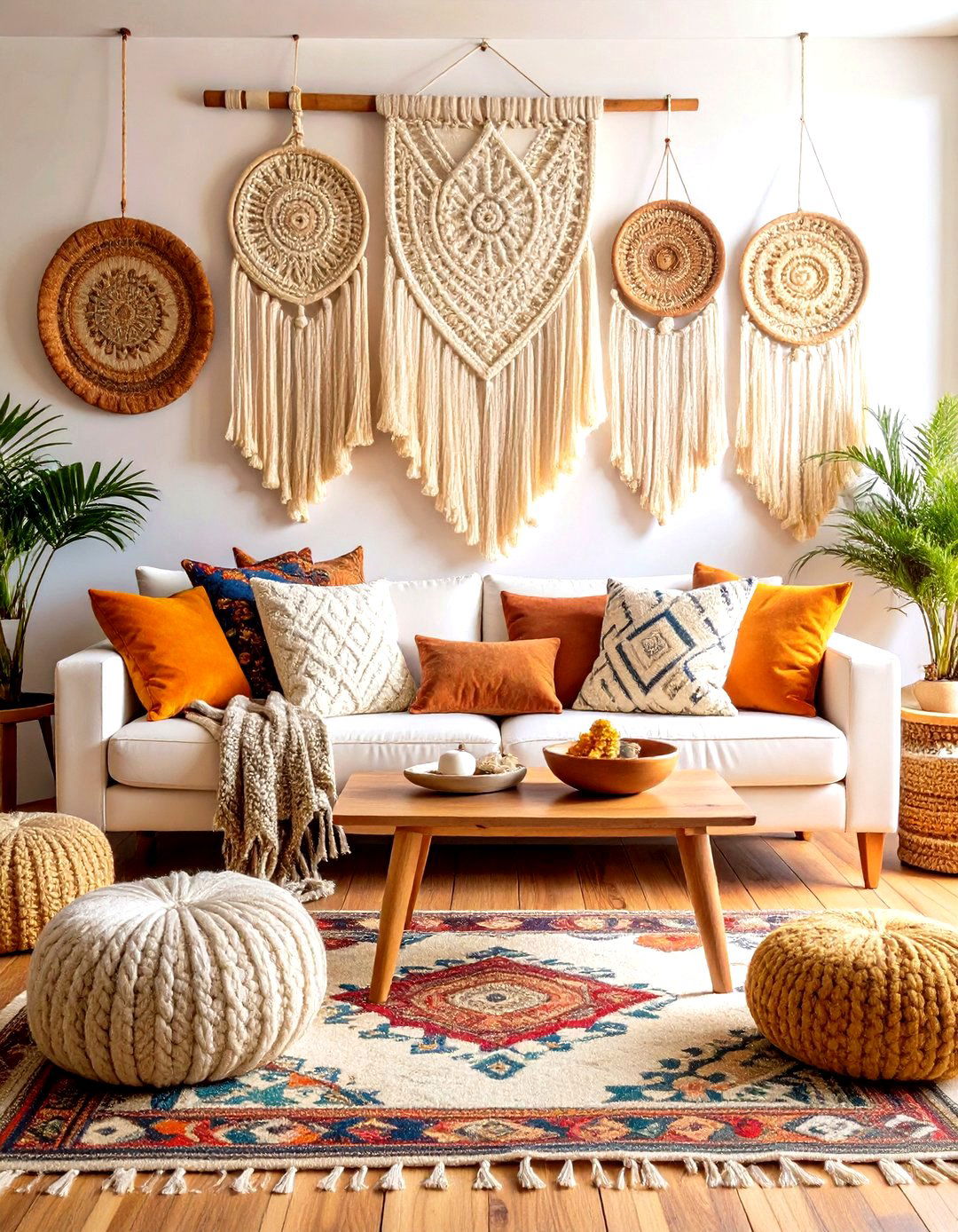 Boho Chic Layered Living - 24 White Couch Living Room Ideas