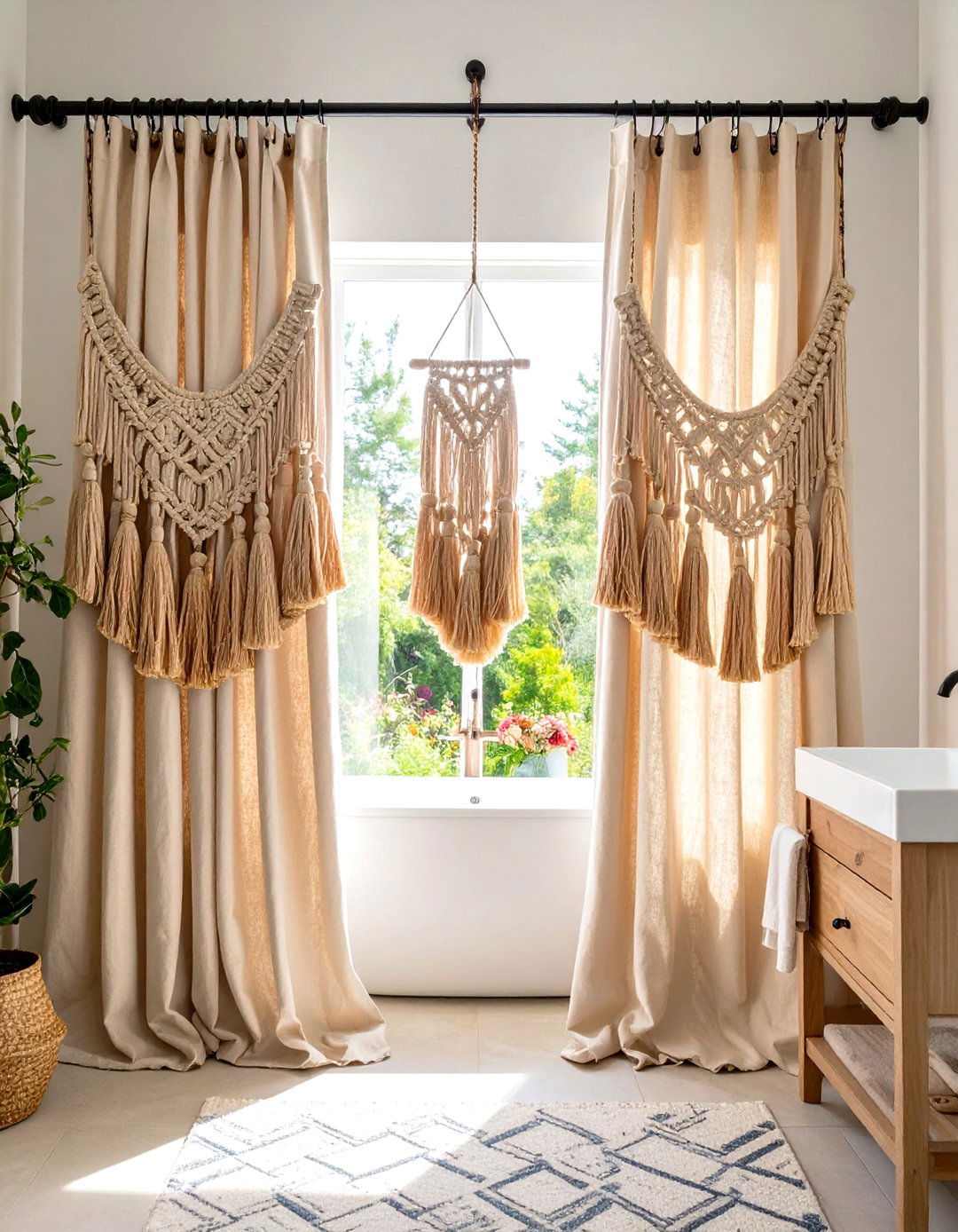 Boho Farmhouse Curtains with Tassels - 24 bathroom curtain ideas